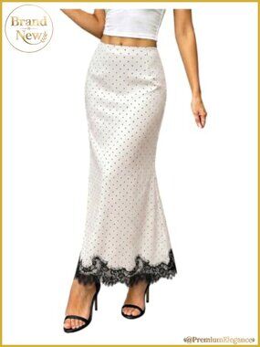 Elegant Lace Trim Satin Long Skirt Cocktail Party Midi Skirt